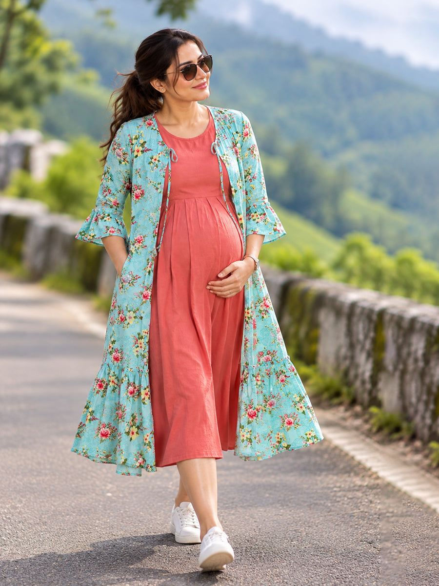 Ziva Premium Rayon Maternity & Feeding Dress with Sleeveless Inner & Floral Tie-Up Long Jacket with Side Pocket | Coral Pink & Light Aqua Blue Floral