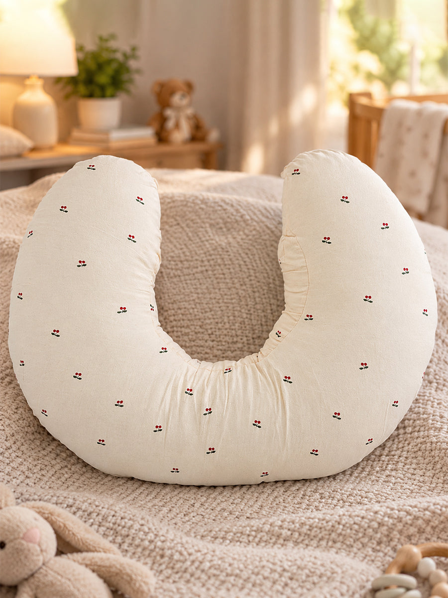 Ziva Multipurpose Feeding Pillow – Premium Organic Cotton | Soft Cream with Tiny Cherry Print | Removable & Washable Cover