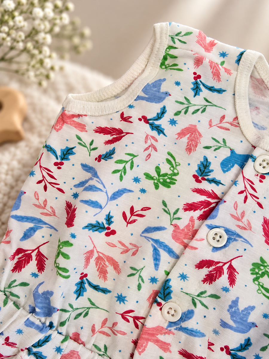 Ziva Baby Playsuit Romper – Multicolour Botanical Bird Print | Knitted Cotton | Sleeveless | Full Front Button Open