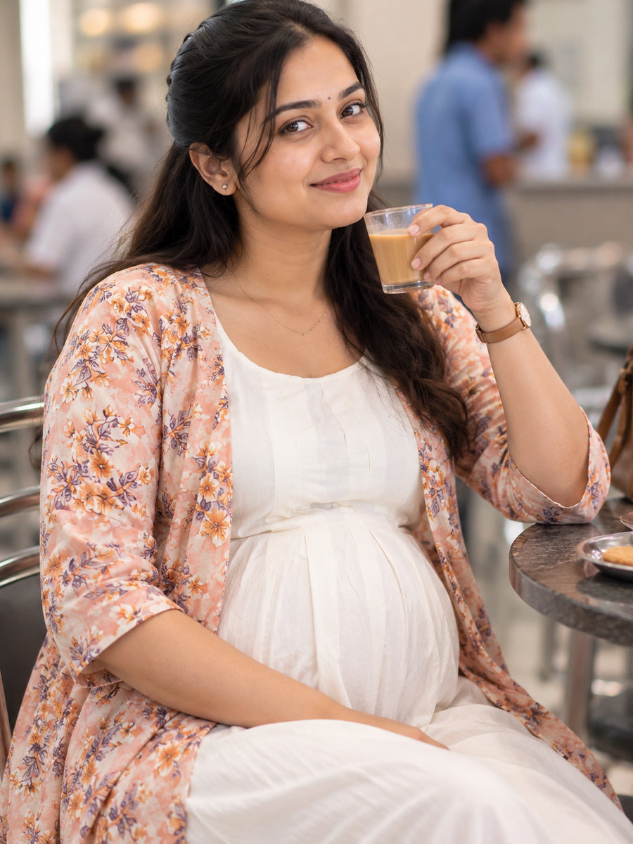 Ziva Maternity & Feeding Sleeveless Dress with Floral Button Jacket – 3 Ways to Wear | Off-White & Soft Peach Floral