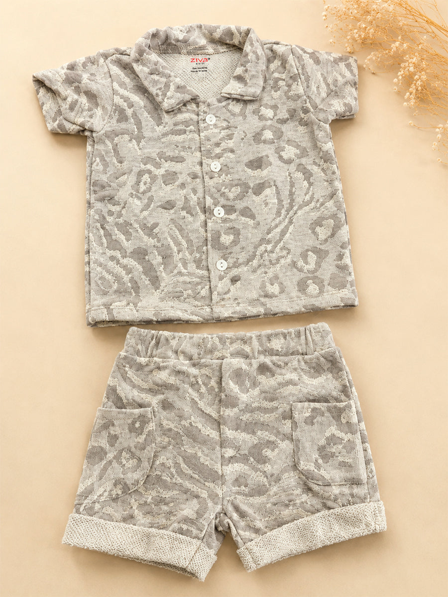 Ziva Premium Knitted Cotton Baby Co-Ord Set – Collar Neck Shirt & Elastic Waist Shorts | Dark Grey Abstract Animal Print