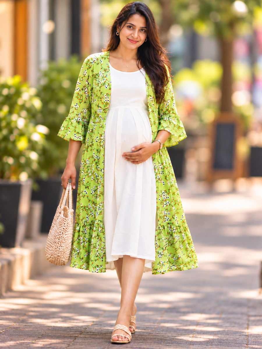 Ziva Premium Rayon Maternity & Feeding Dress with Sleeveless Inner & Floral Tie-Up Long Jacket with side pocket – Off-White & Lime Green Floral