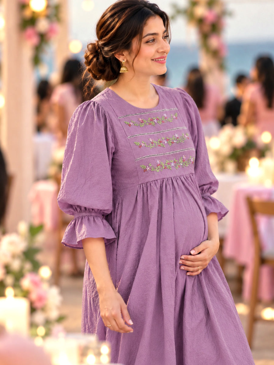Ziva Premium Crinkle Viscose Maternity & Feeding Occasion Dress with Hand-Embroidered Yoke & Adjustable Puff Sleeves | Dusty Lavender