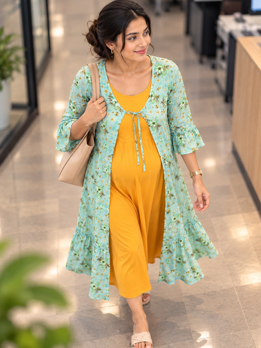 Ziva Premium Rayon Maternity & Feeding Dress with Sleeveless Inner & Floral Tie-Up Long Jacket With Side Pocket– Dark Orange Yellow & Soft Mint Green Floral