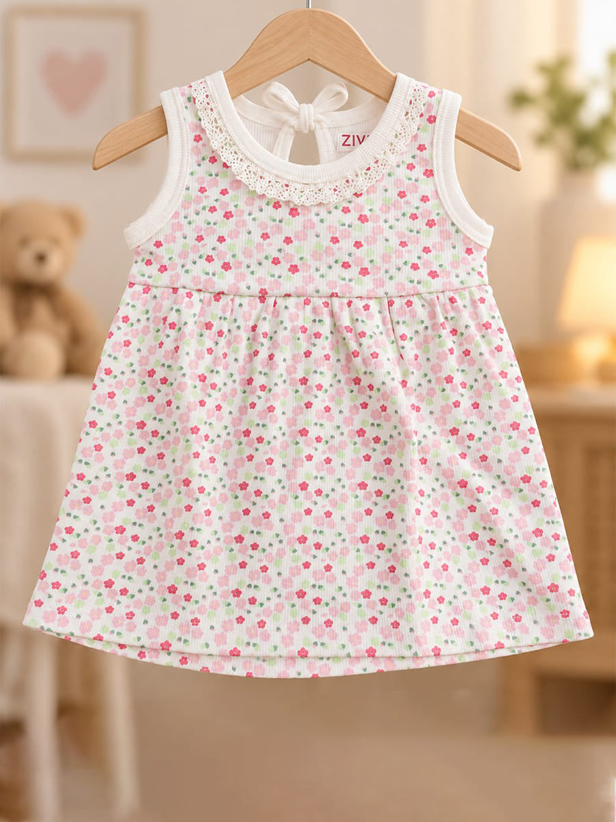 Ziva Baby Girl Frock with Pantie – Soft Ivory Pink Floral Print | Premium Knitted Cotton | Crochet Lace Neckline & Back Knot Tie | 2-Piece Set