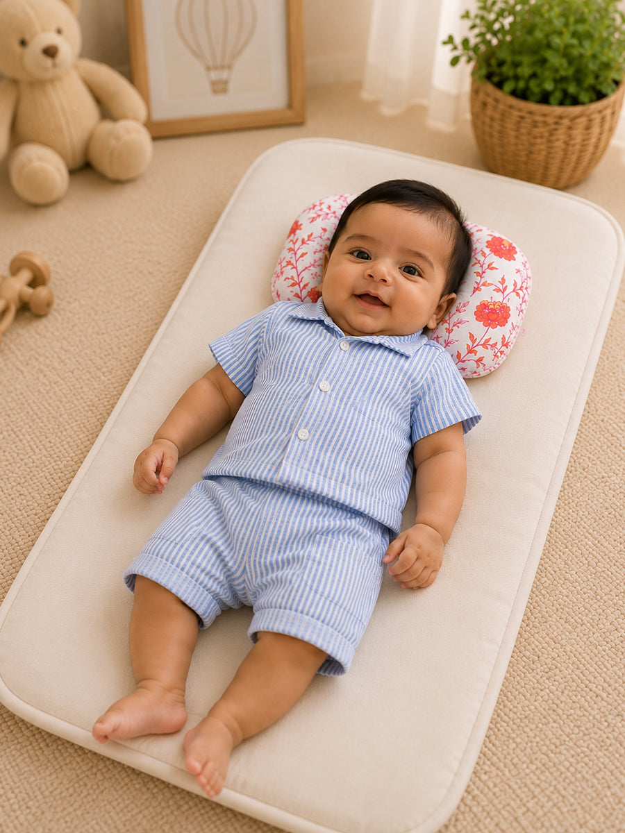 Ziva Baby Ergonomic Head Support Pillow | White with Orange Floral Print | Soft Cotton Cover