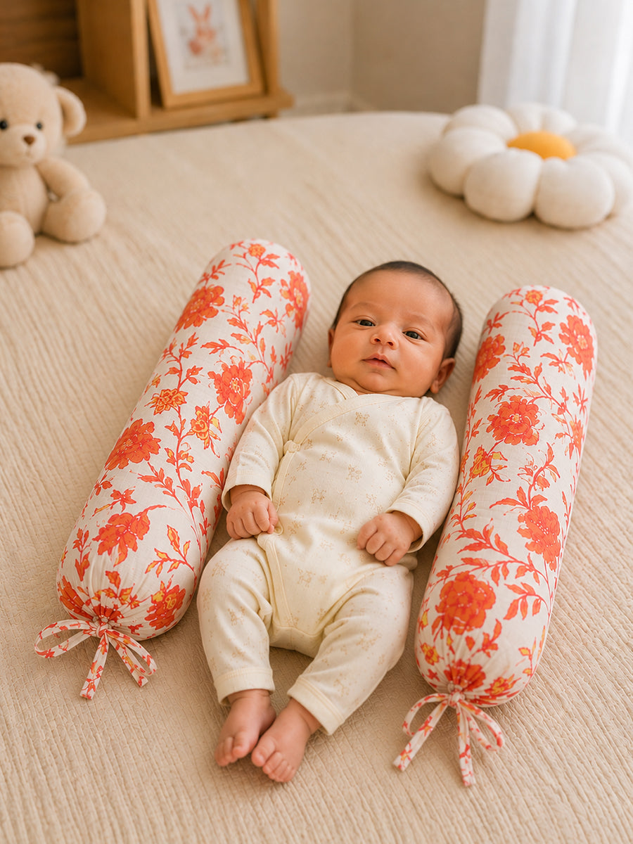 Ziva Baby Side Pillow (Bolster Pillow) | Multipurpose | Cotton Cover | Coral Botanical Bloom Print