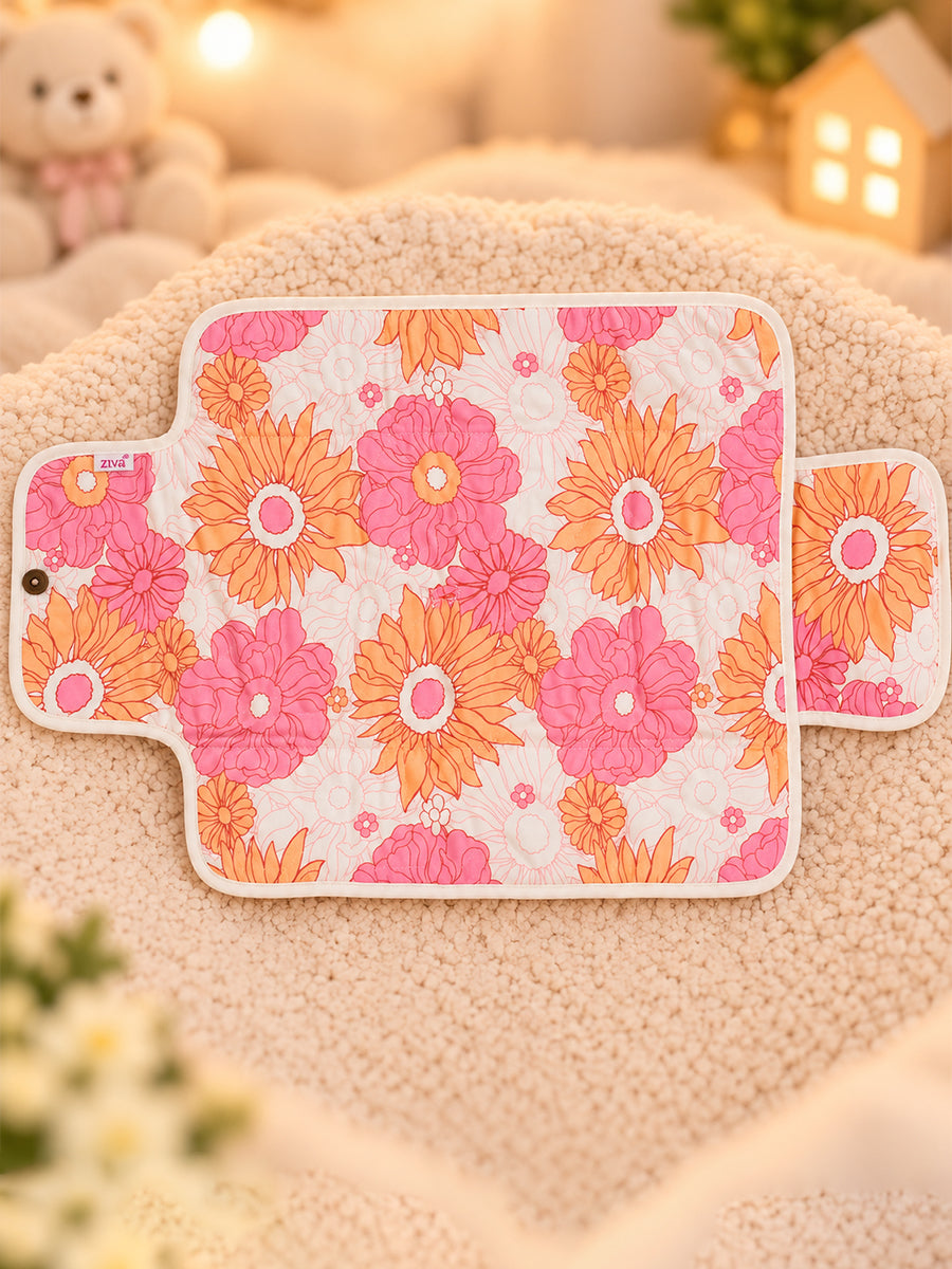 Ziva Baby Nappy & Diaper Changing Sheet – Foldable Travel Changing Mat with Storage Pocket | Pink & Peach Floral Print