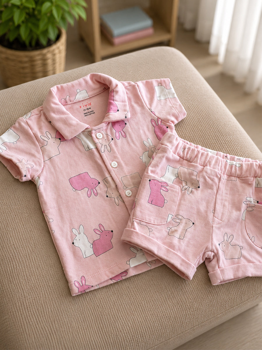 Ziva Premium Knitted Cotton Baby Co-Ord Set – Collar Neck Shirt & Elastic Waist Shorts | Dusty Rose | Bunny Rabbit Print