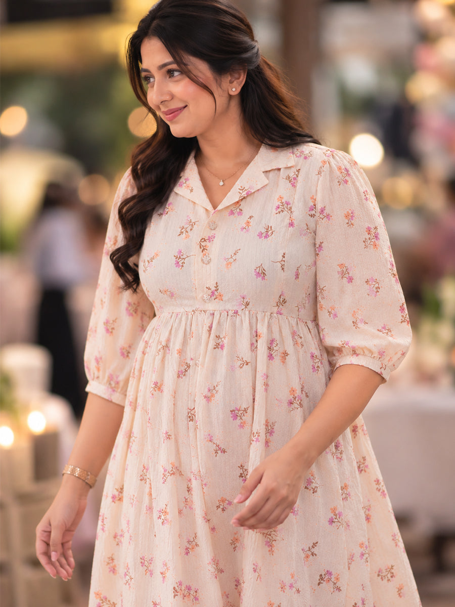 Ziva Premium Cotton Seersucker Maternity & Feeding Dress with Notched Collar, Concealed Zips & Side Pocket | Natural Ivory Multicolour Botanical Floral