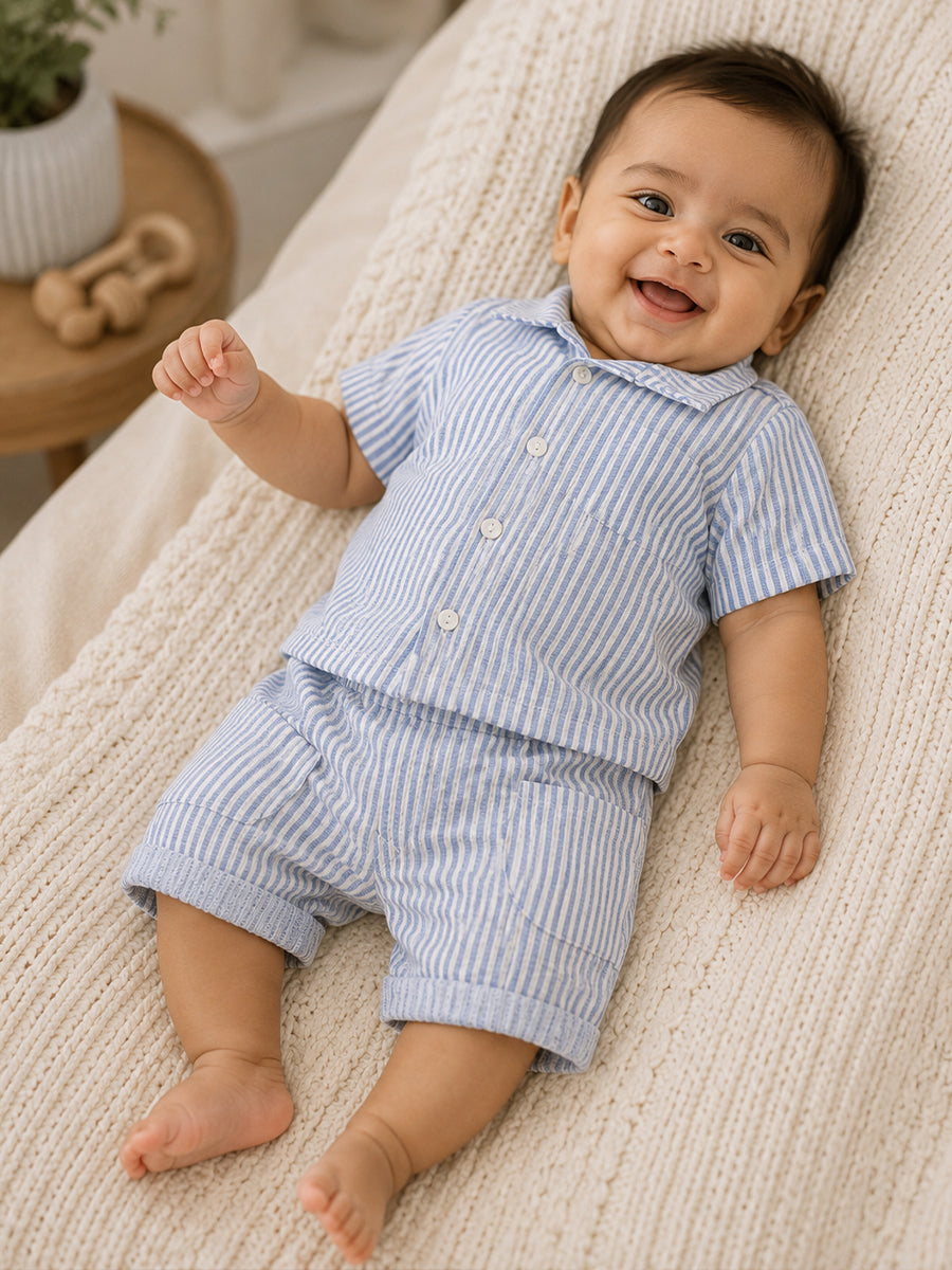 Ziva Premium Knitted Cotton Baby Co-Ord Set – Collar Neck Shirt & Elastic Waist Shorts | Blue & White Pinstripe