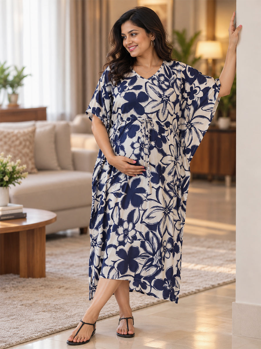 Ziva Maternity & Feeding Kaftan with Feeding Zip & Waist Adjustable Tie – Classic Navy Blue Floral Print