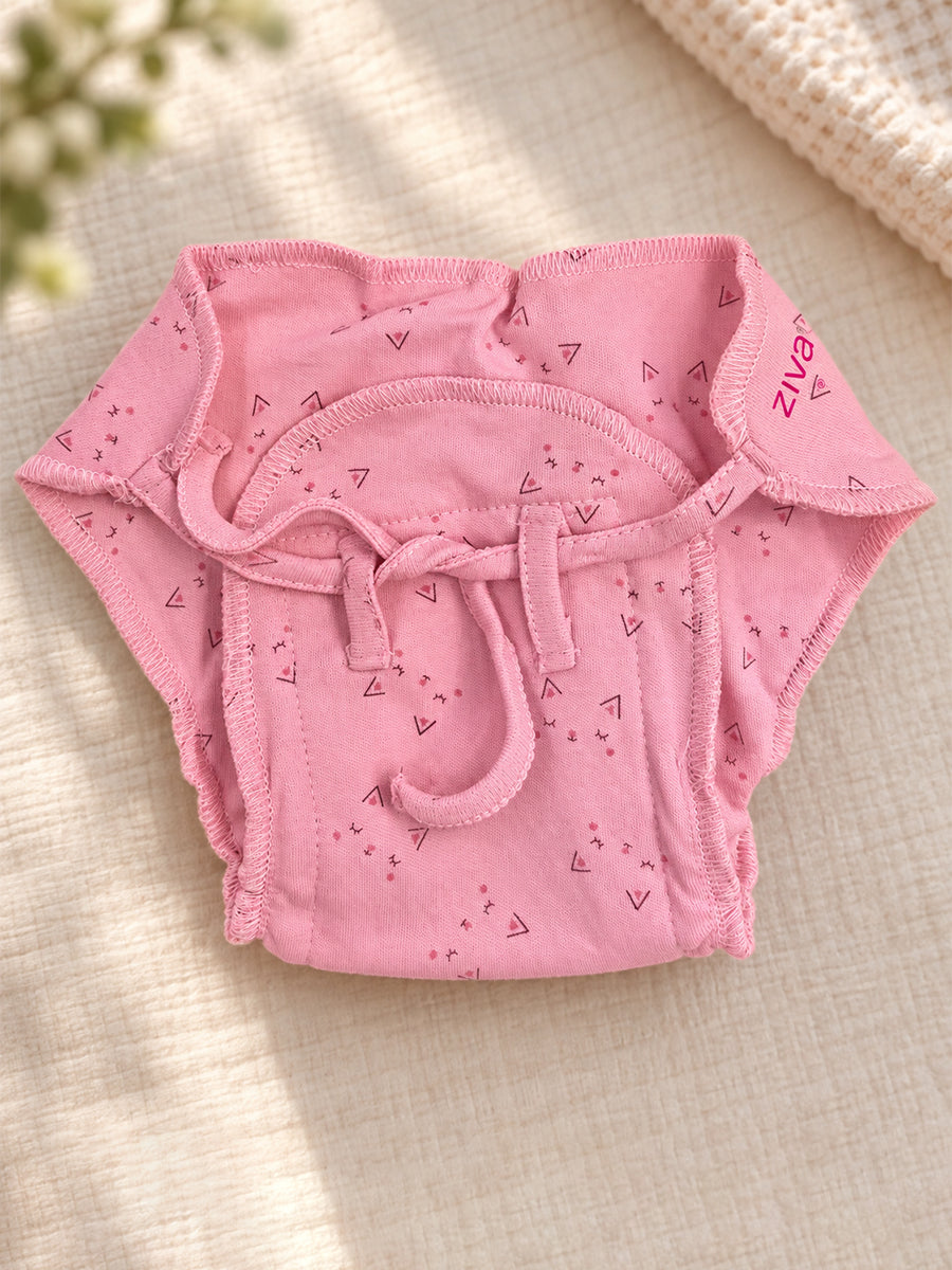 Ziva Newborn Knitted Cotton Front Open Tie Jabla with Light Padded Tie Nappy – Soft Pink Mini Print | 1 Jabla + 1 Nappy