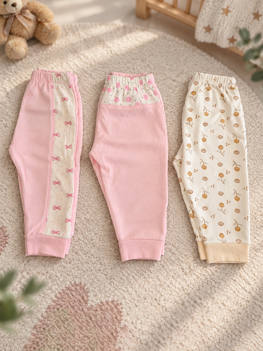 Baby Knitted Cotton Pants Combo – Pack of 3 | Assorted Pink & Floral Print | 3–6 Months | Ziva Collected | Carefully Selected for Your Little One