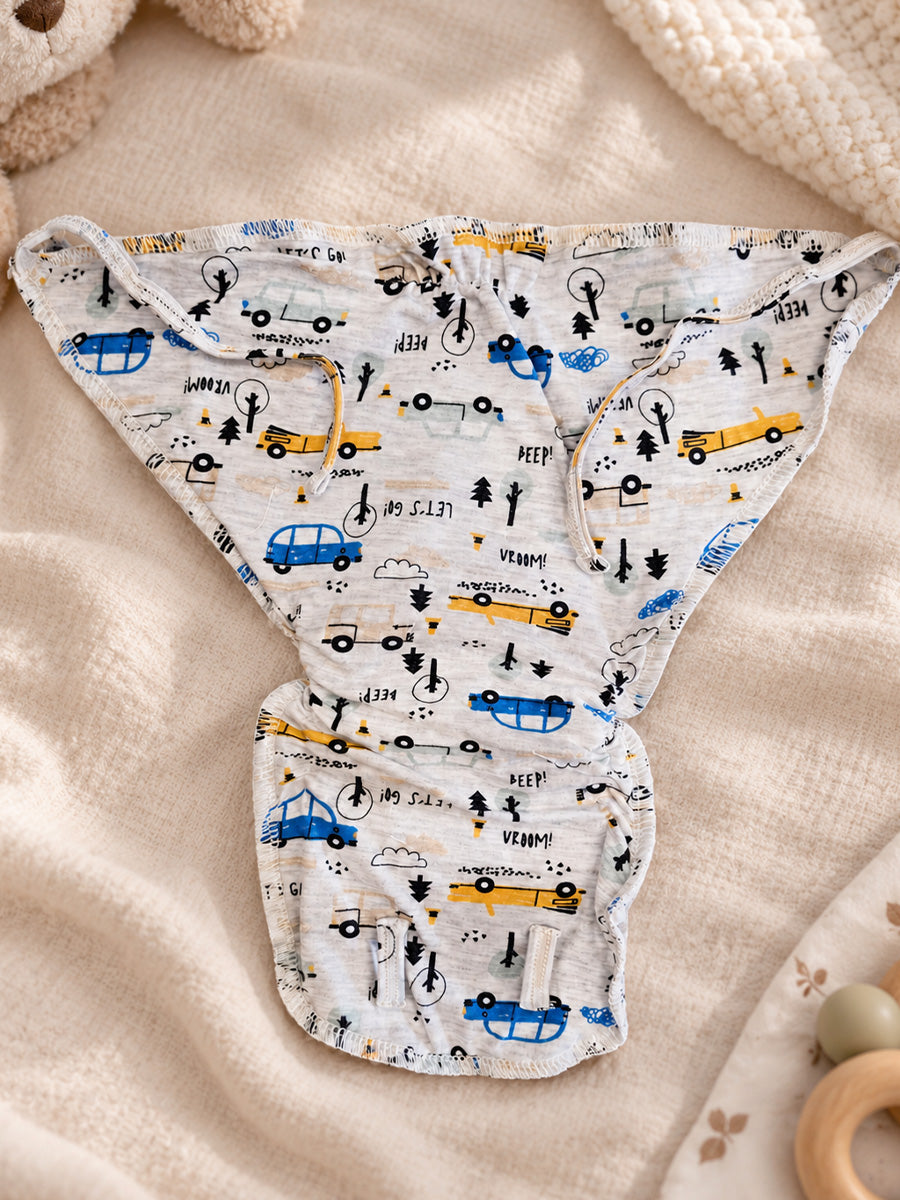 Ziva Newborn Knitted Cotton Front Open Tie Jabla with Light Padded Tie Nappy – Road Trip Vehicle Print | 1 Jabla + 1 Nappy