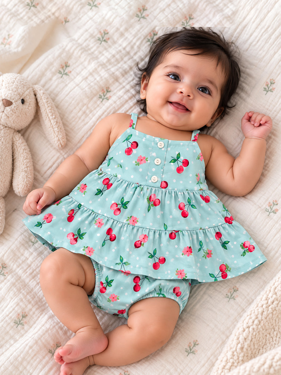 Ziva Baby Girl Strappy Frock with Pantie – Aqua Blue Cherry Print | Premium Knitted Cotton | Layered Frill & Front Buttons | 2-Piece Set