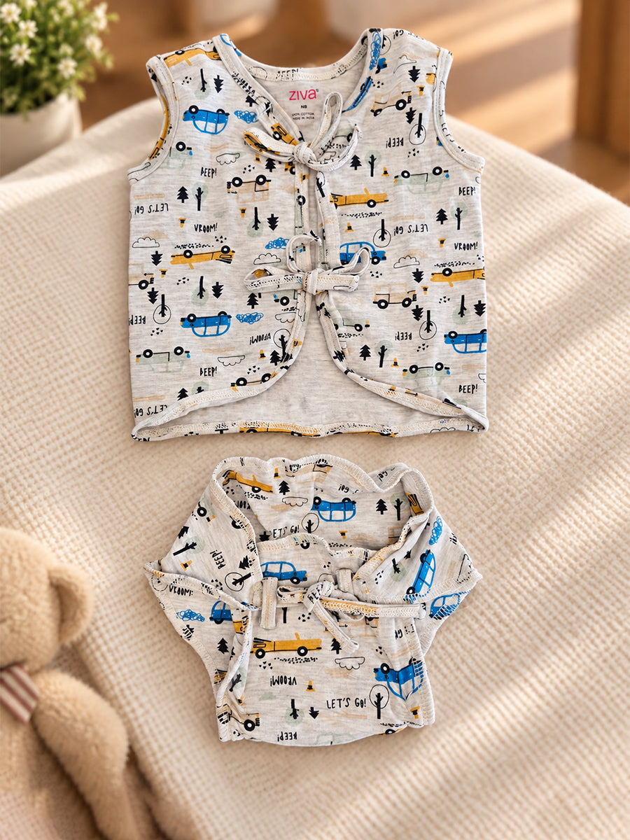Ziva Newborn Knitted Cotton Front Open Tie Jabla with Light Padded Tie Nappy – Road Trip Vehicle Print | 1 Jabla + 1 Nappy