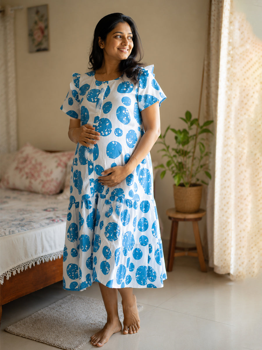 Ziva Maternity & Feeding Cotton Full-Open Short Nighty with Side Pocket – Blue & Off White Irregular Spot Print