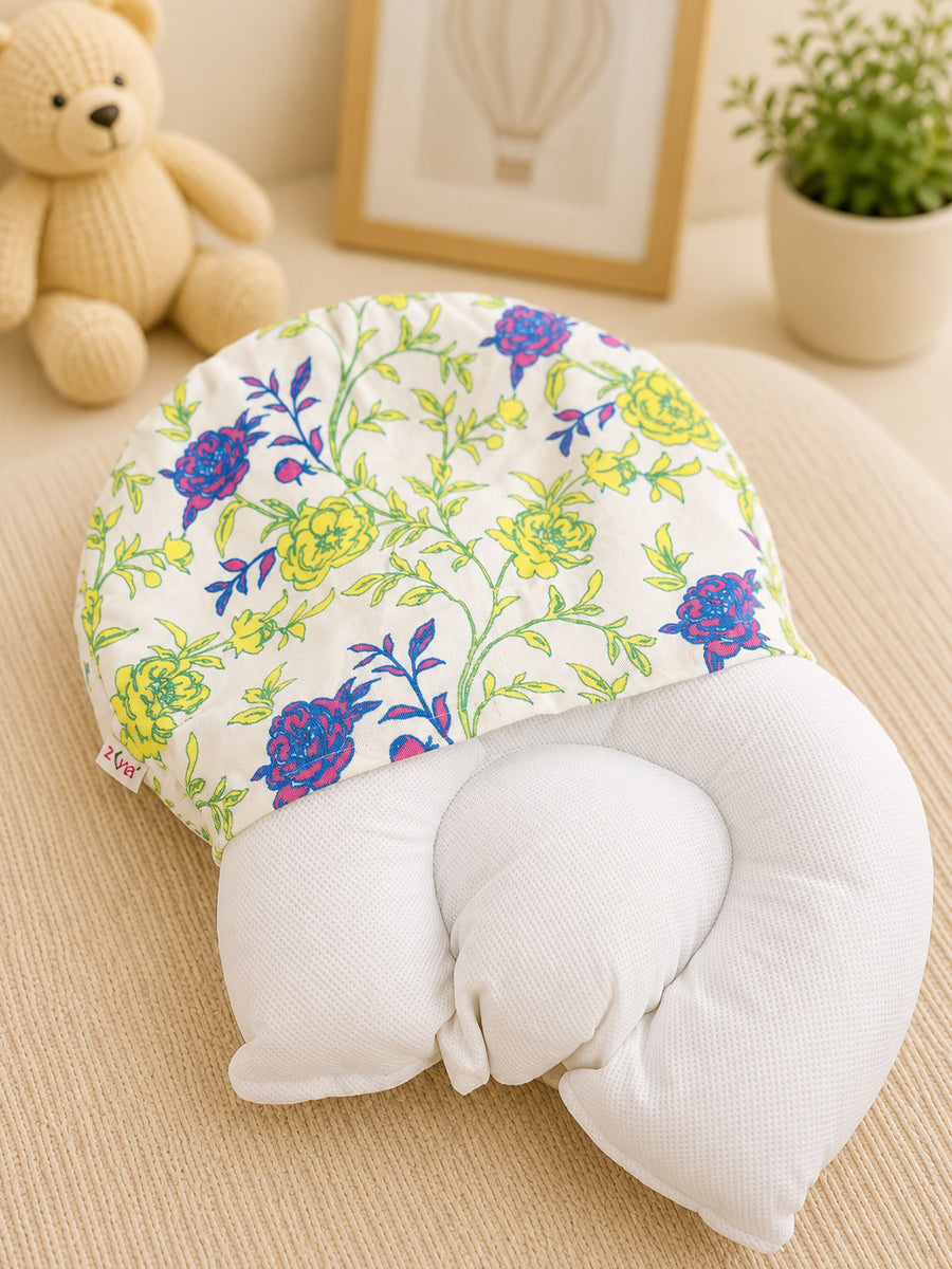 Ziva Baby Head Support Pillow | Soft Cotton Cover | Lightweight Ergonomic Design | Floral Print
