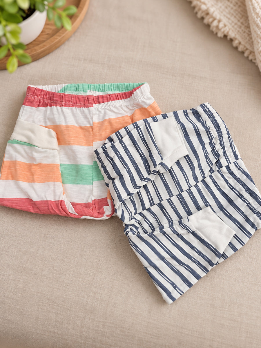 Ziva Baby Premium Knitted Cotton Pants Combo – Pack of 2 | Navy Stripe & Multicolour Stripe