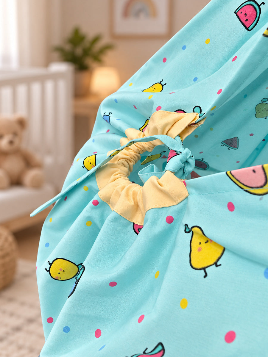 Ziva Baby Cradle – Fruity Friends Cream | Premium Cotton Cloth Cradle with Aqua Blue Mosquito Net, Hanger & S-Hook