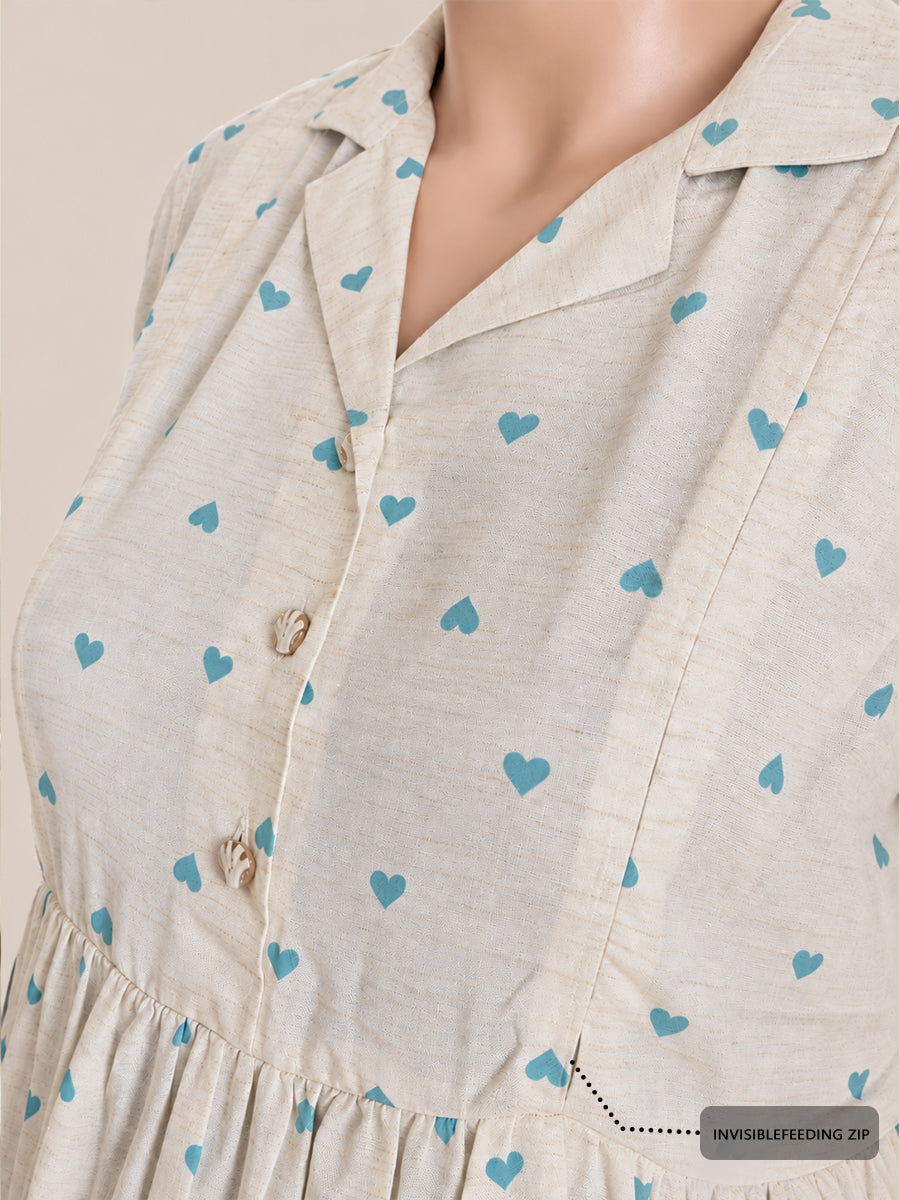 Ziva Premium Viscose Linen Maternity & Feeding Dress with Notched Collar, Concealed Zips & Side Pocket | Soft Cream Aqua Blue Heart Print