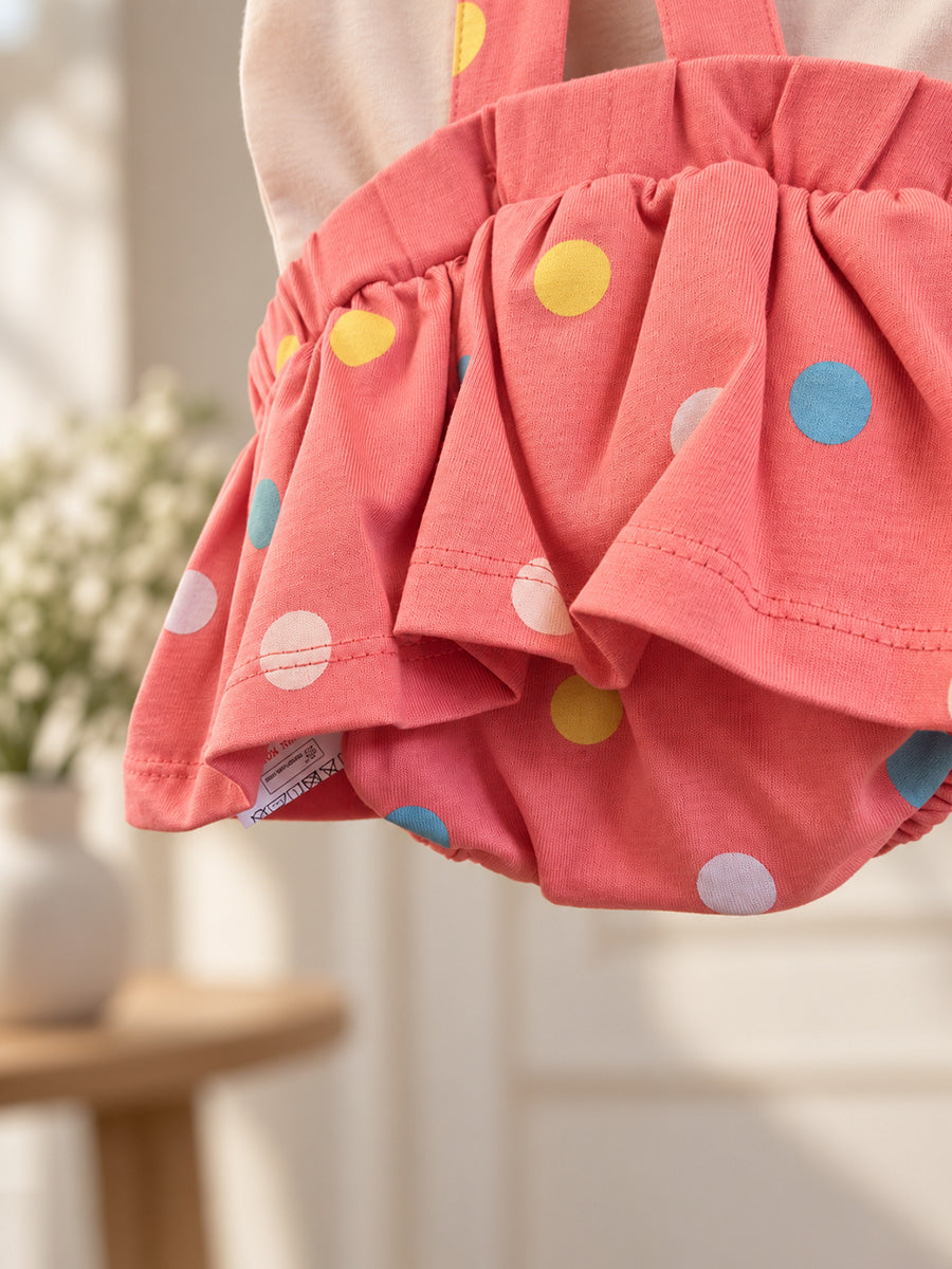 Baby Knitted Cotton Pinafore Romper Set – Coral Multicolour Polka Dot | Inner Top & Hairband | Newborn to 9–12 Months