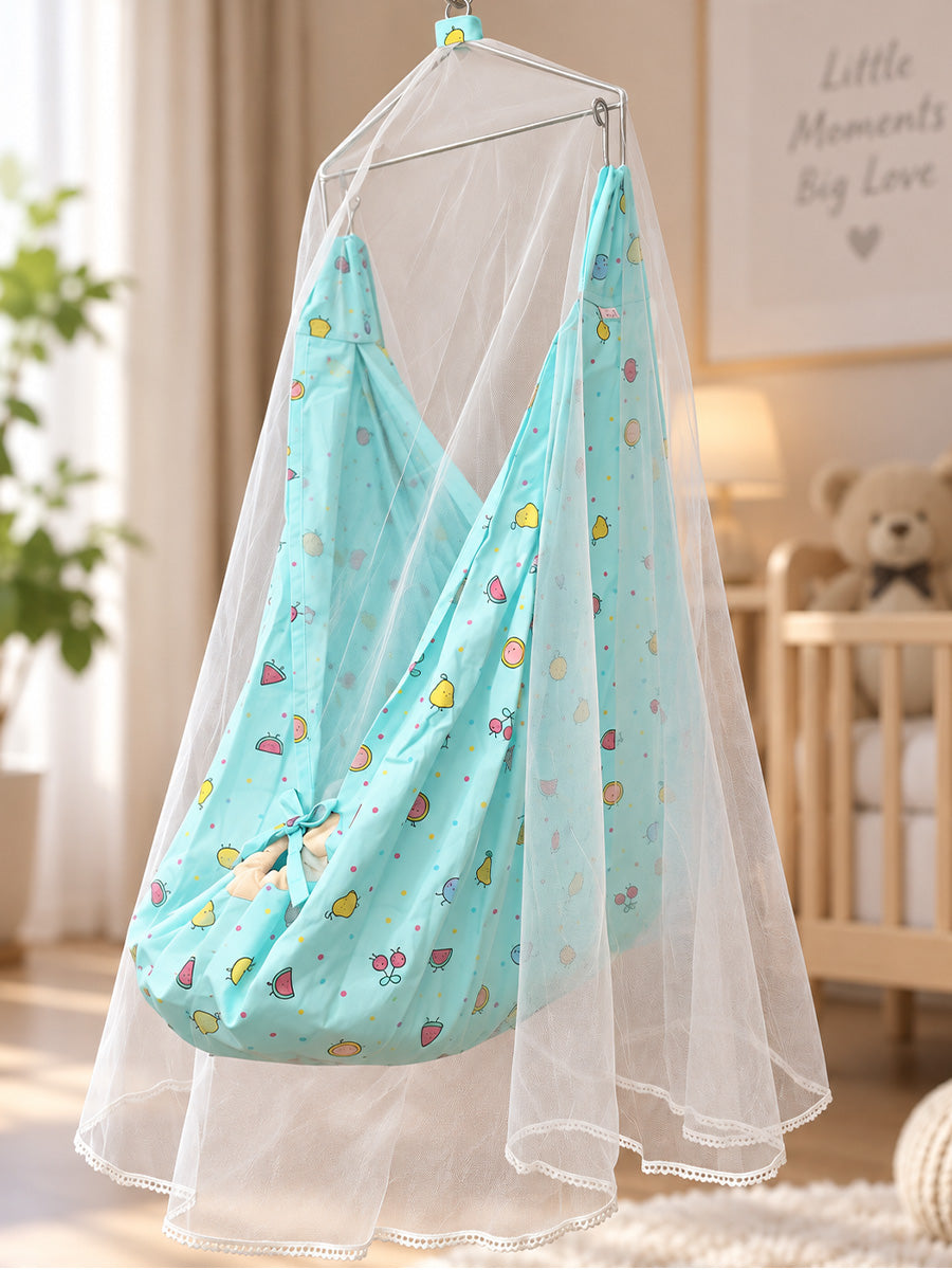 Ziva Baby Cradle – Fruity Friends Cream | Premium Cotton Cloth Cradle with Aqua Blue Mosquito Net, Hanger & S-Hook