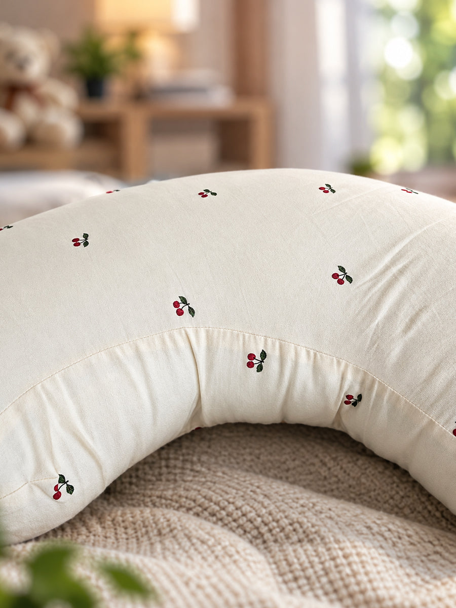 Ziva Multipurpose Feeding Pillow – Premium Organic Cotton | Soft Cream with Tiny Cherry Print | Removable & Washable Cover