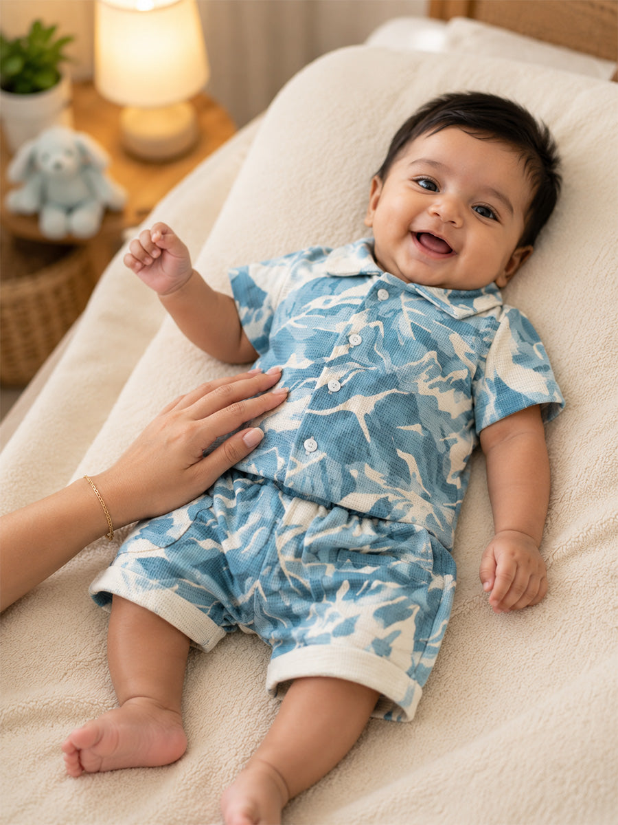Ziva Premium Waffle Knitted Cotton Baby Co-Ord Set – Collar Neck Shirt & Elastic Waist Shorts | Aqua Blue & Off White | Abstract Camouflage Print