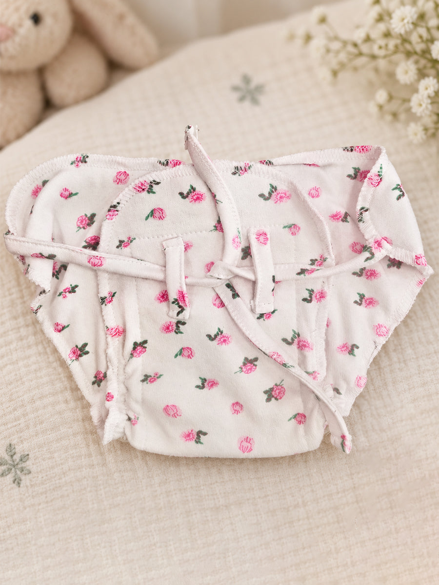 Ziva Newborn Cotton Front Open Tie Jabla with Tie Nappy – White Pink Rose Print
