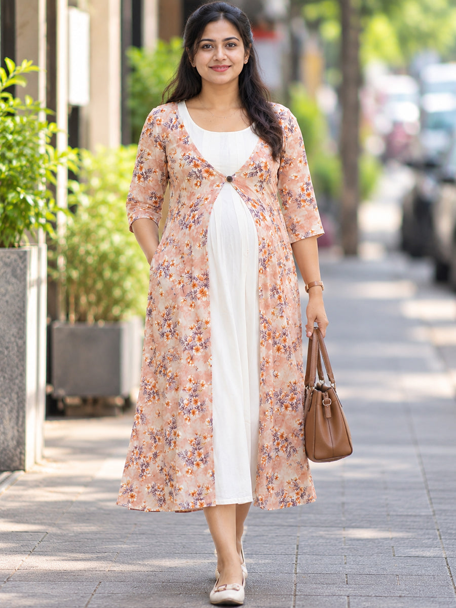 Ziva Maternity & Feeding Sleeveless Dress with Floral Button Jacket – 3 Ways to Wear | Off-White & Soft Peach Floral