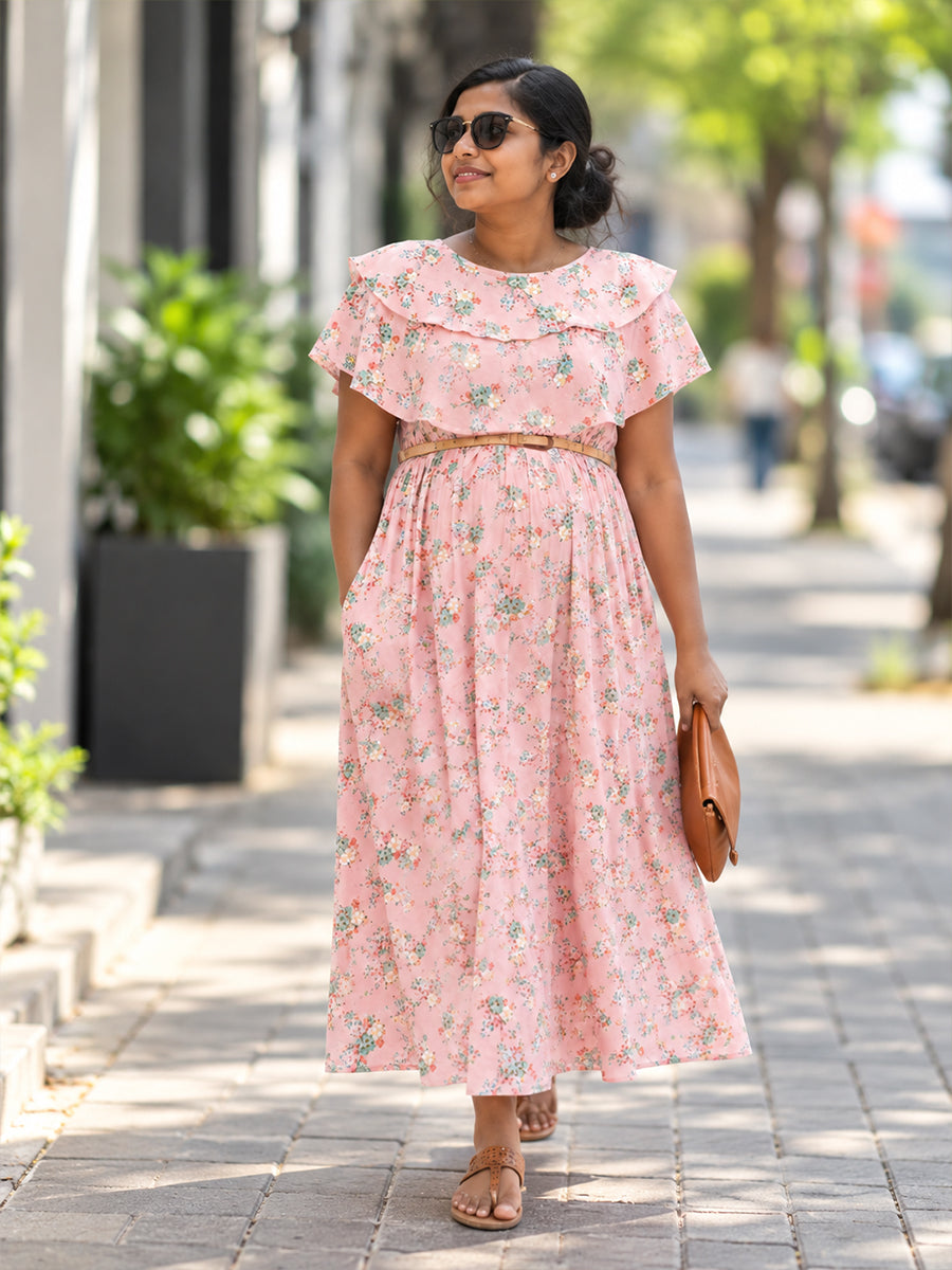 Ziva Light Blush Pink Rayon Maternity & Feeding Dress with Blue & Purple Floral Print, Ruffled Flounce & Dual Concealed Zips