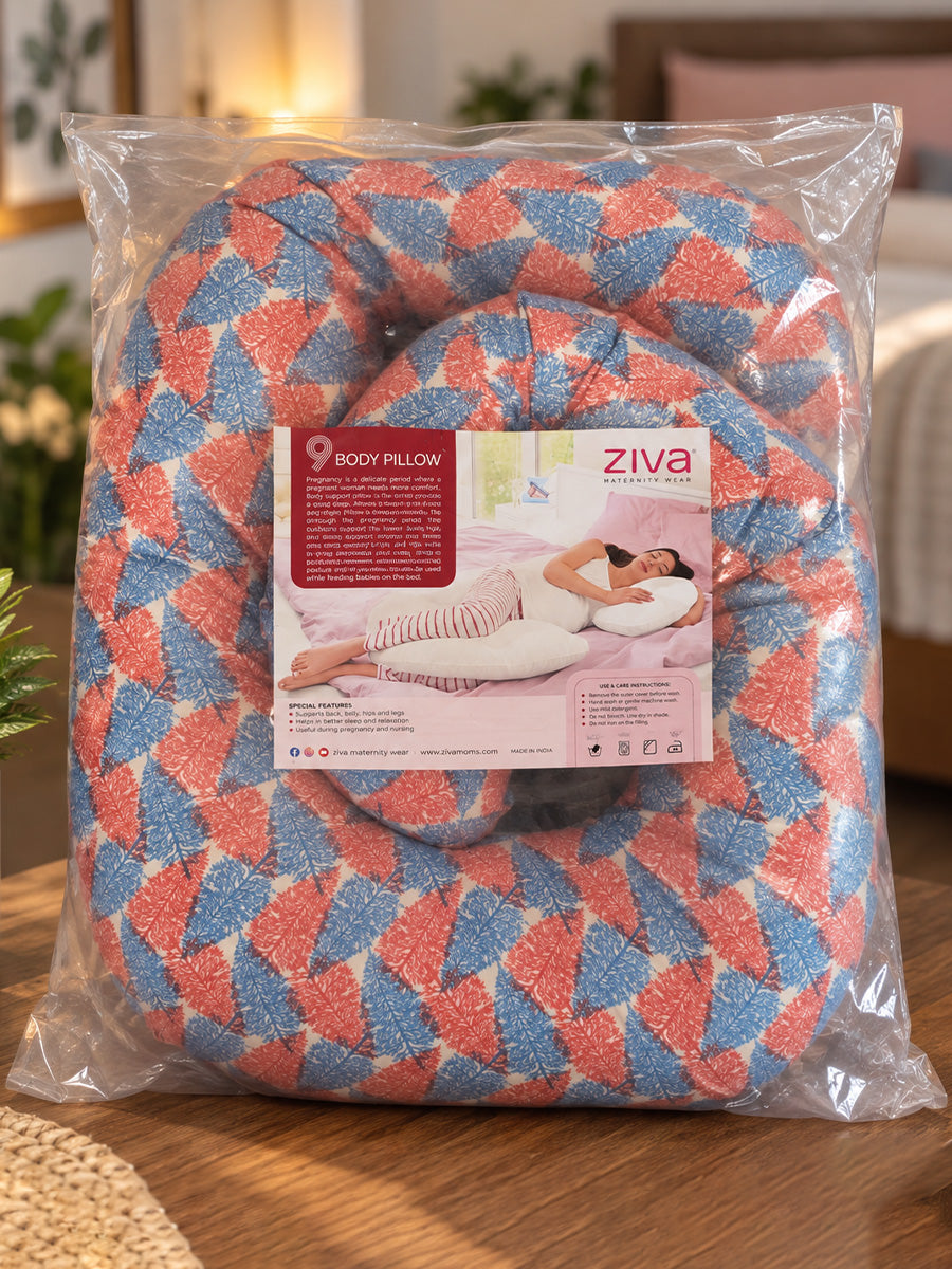 Ziva Multipurpose Pregnancy Pillow / Maternity Pillow / Body Pillow – 9 Shape (C Shape) – Red & Blue Botanical Print | 100% Cotton