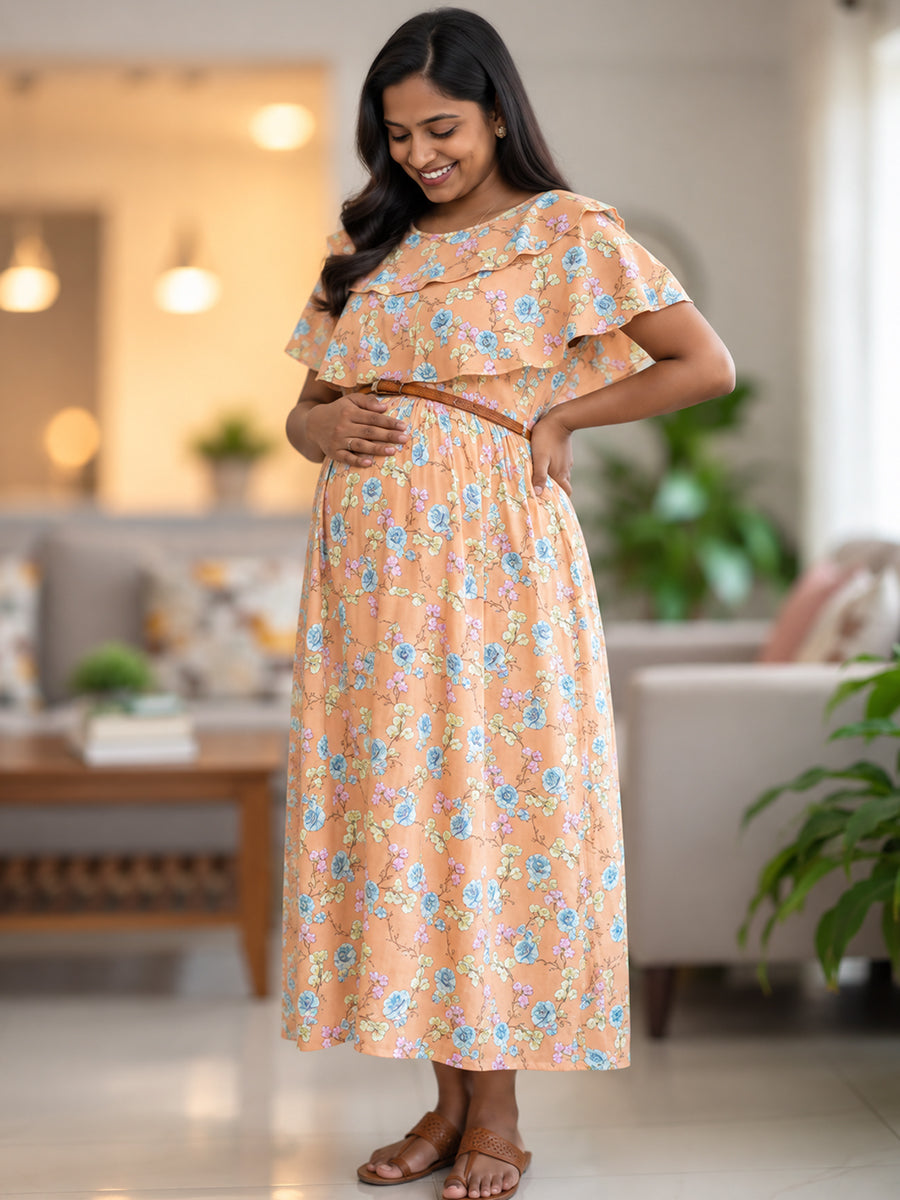 Ziva Light Orange Floral Ruffle Overlay Maternity & Feeding Dress with Concealed Dual Zips, Belt & Pockets