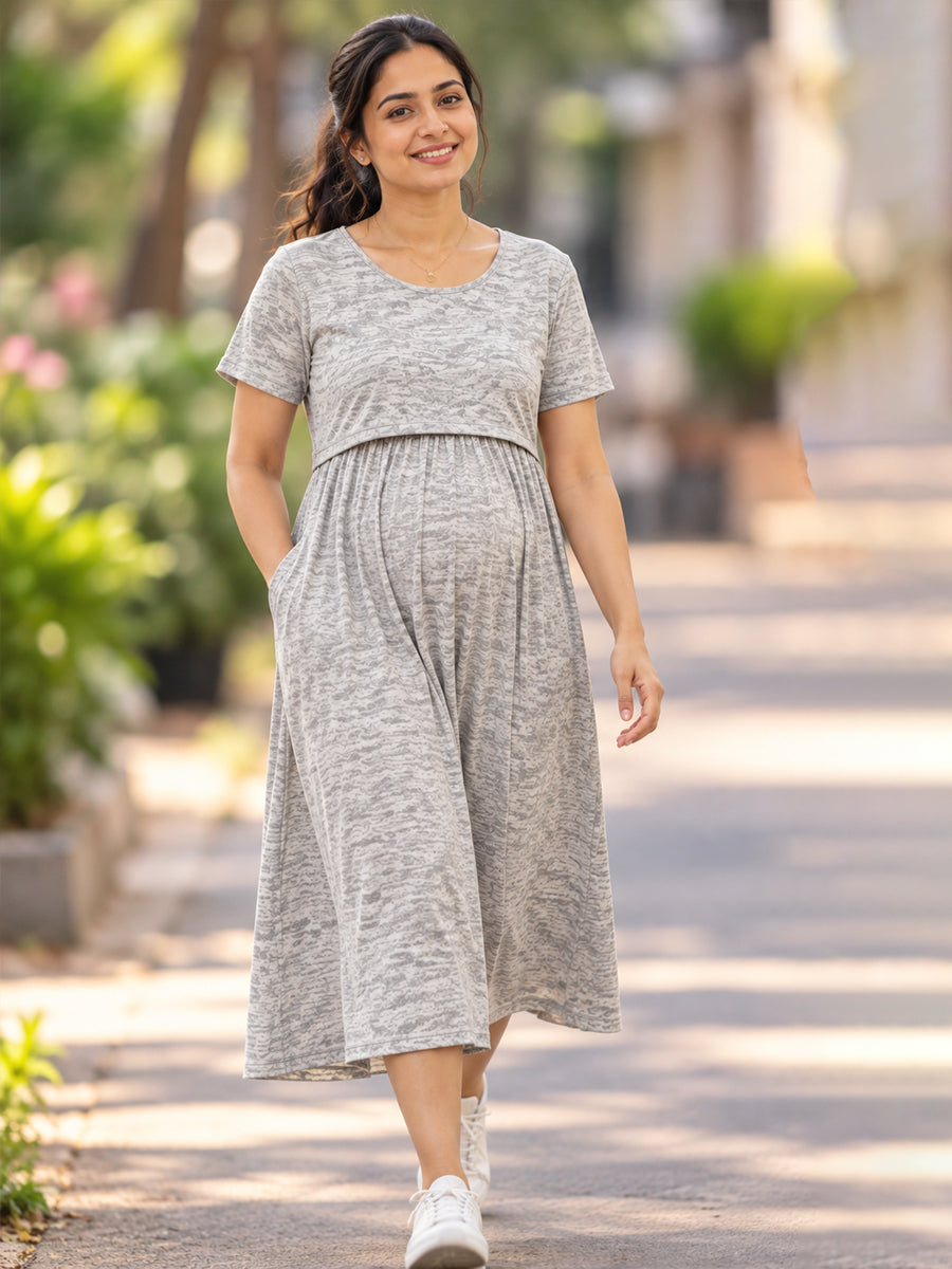 Ziva Zipless Maternity & Feeding Knitted Dress with Adjustable Waist Tie & Side Pocket | Light Grey Mélange