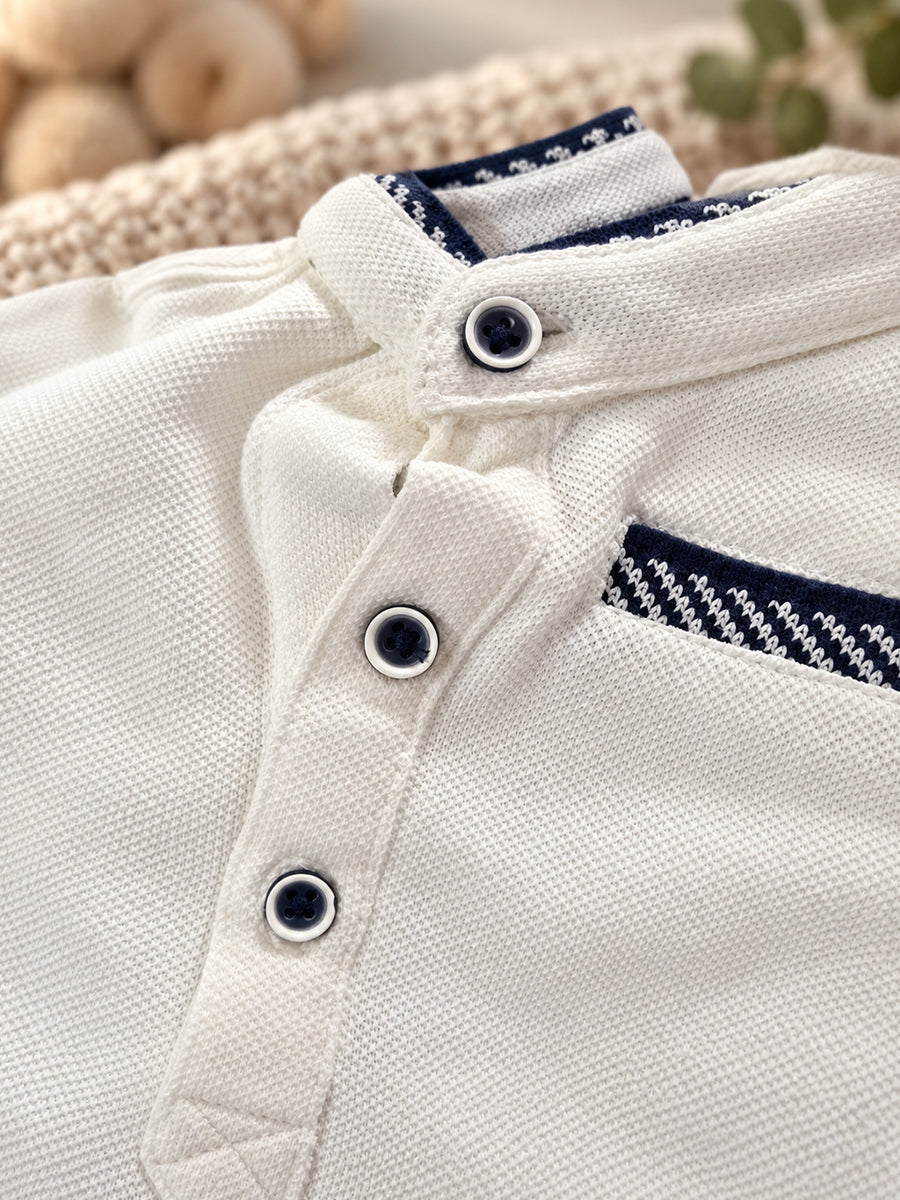Baby Boy Knitted Cotton Polo Style Jumpsuit – Off-White & Navy Blue | Ziva Collected | Carefully Selected for Your Little One