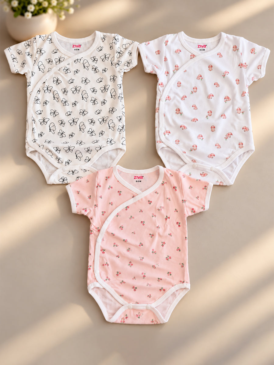 Ziva Baby Romper – Premium Knitted Cotton Overlap Style – Pack of 3 | Ivory Butterfly, White Pink Floral & Blush Pink Mini Floral Assorted Prints