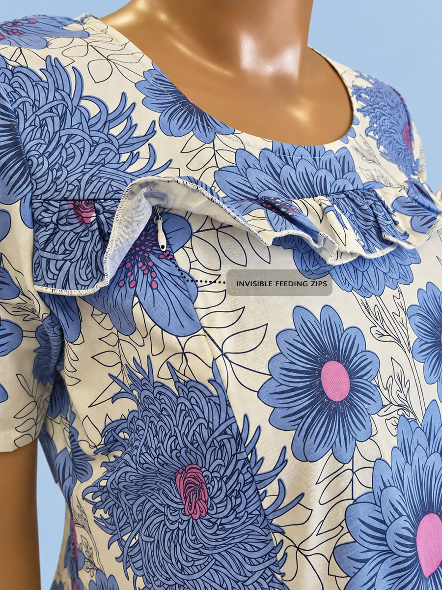 Ziva Maternity & Feeding Cotton Short Nighty – Concealed Feeding Zips & Side Pocket | Cornflower Blue Floral Print