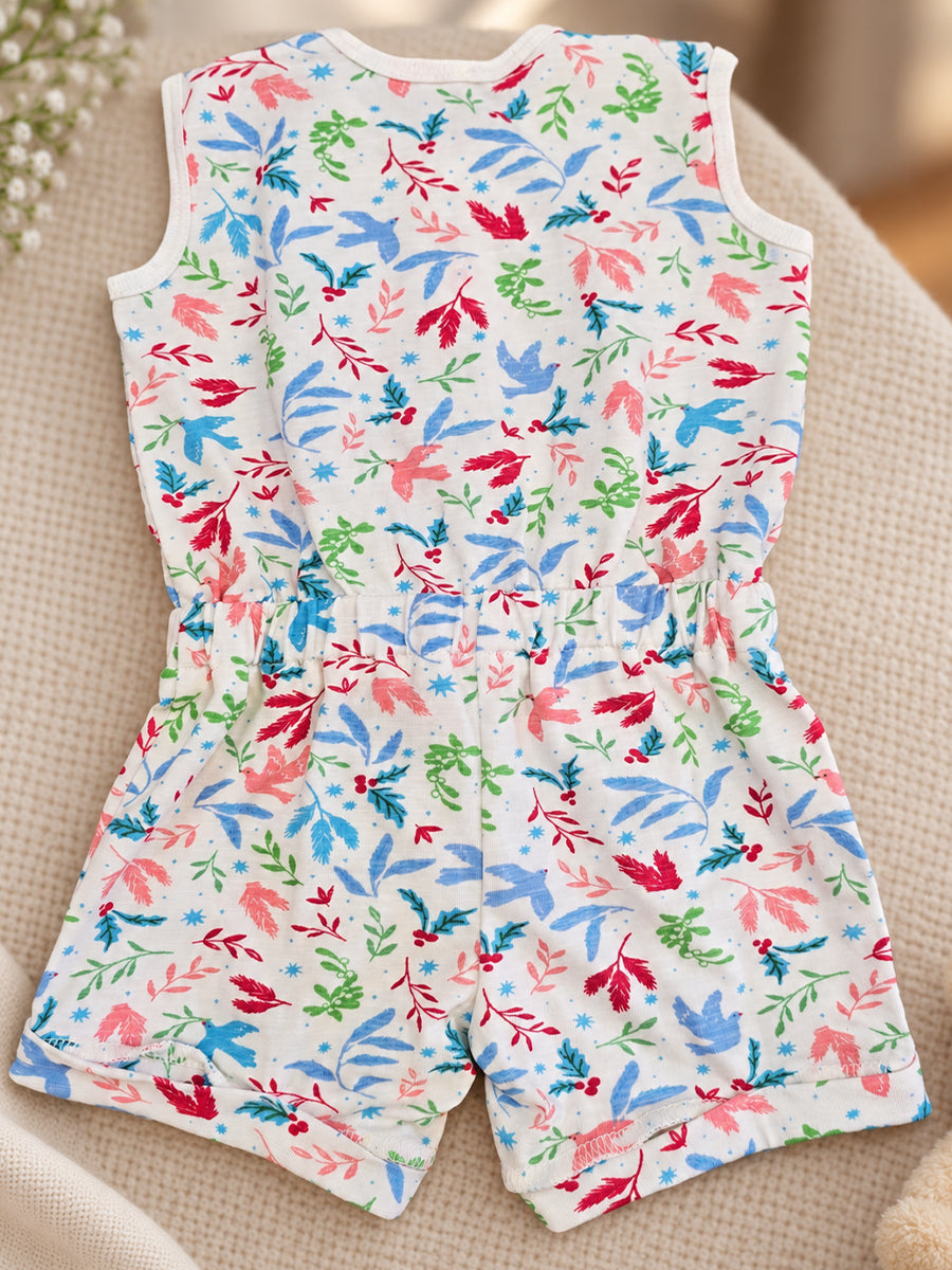 Ziva Baby Playsuit Romper – Multicolour Botanical Bird Print | Knitted Cotton | Sleeveless | Full Front Button Open