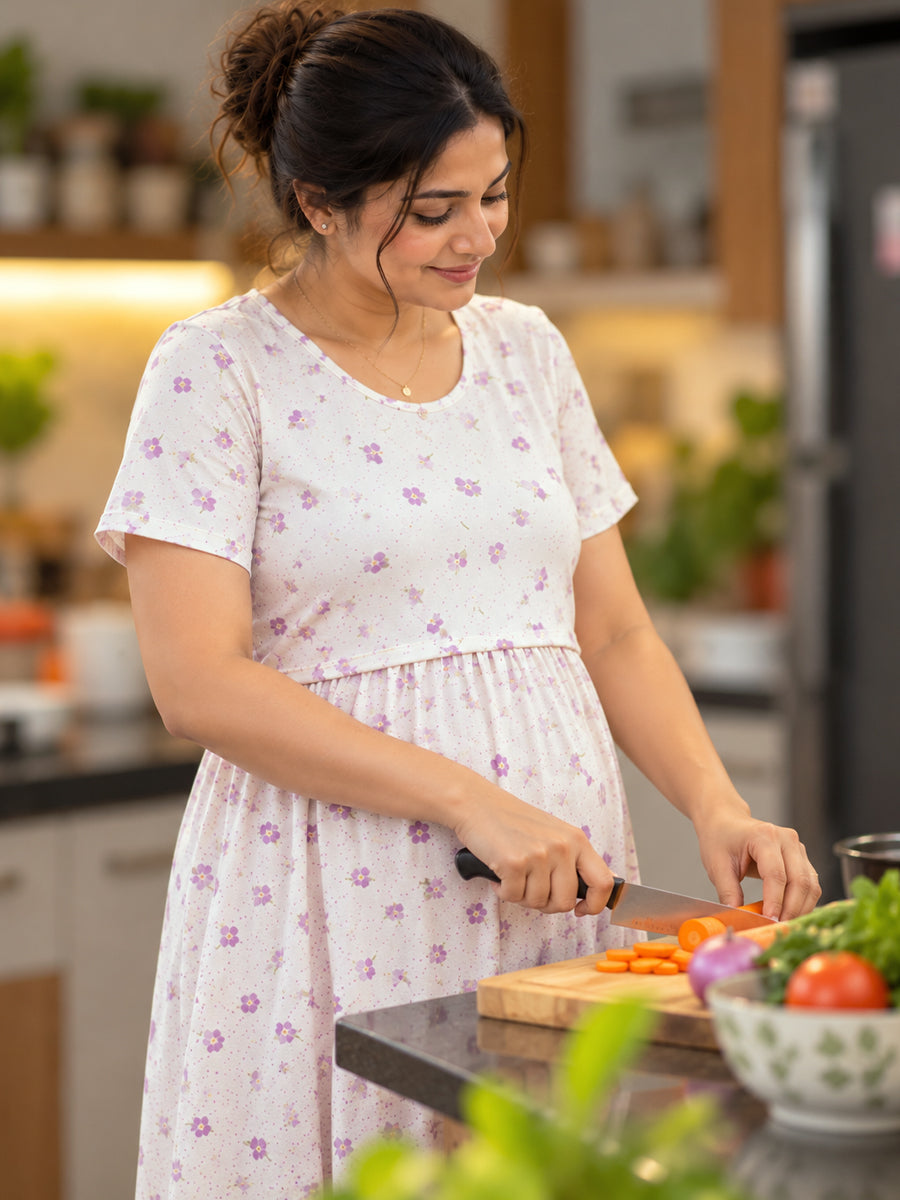Ziva Zipless Maternity & Feeding Knitted Dress with Adjustable Waist Tie & Side Pocket | Soft Off-White Orchid Floral & Dotted Print