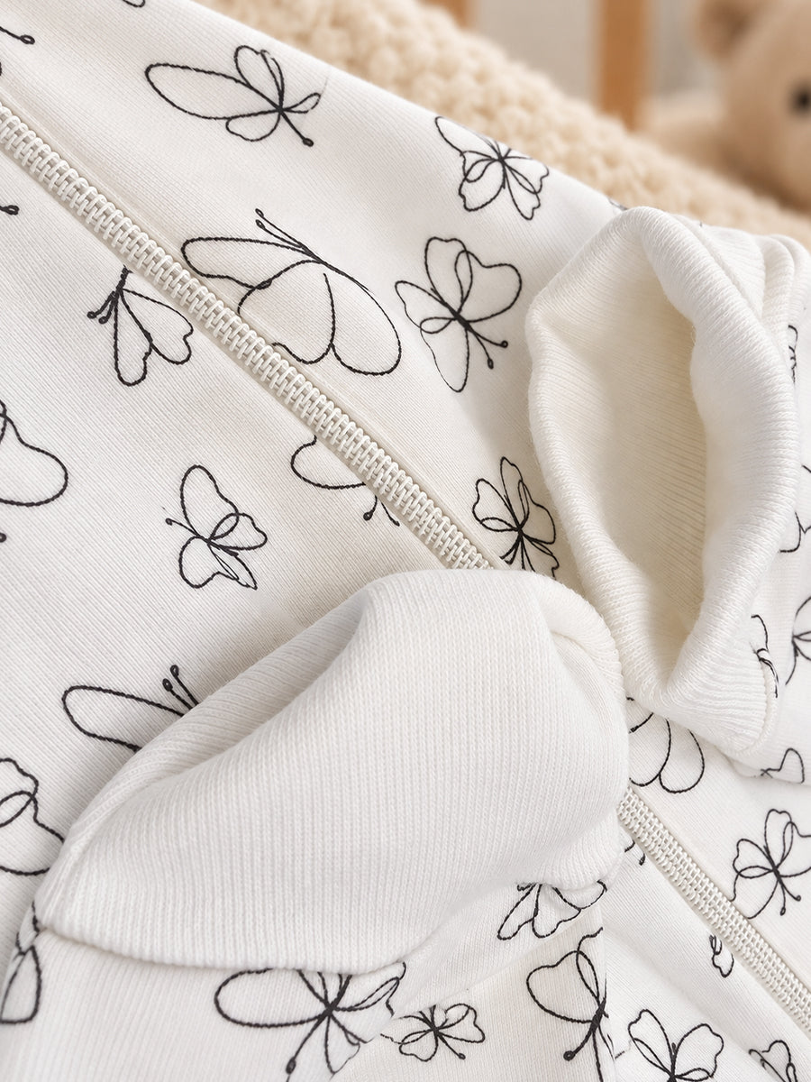 Ziva Baby Sleepsuit with Cap – Off-White Butterfly Print | Premium Knitted Cotton | Front Zip | Fold-Over Mittens & Integrated Booties