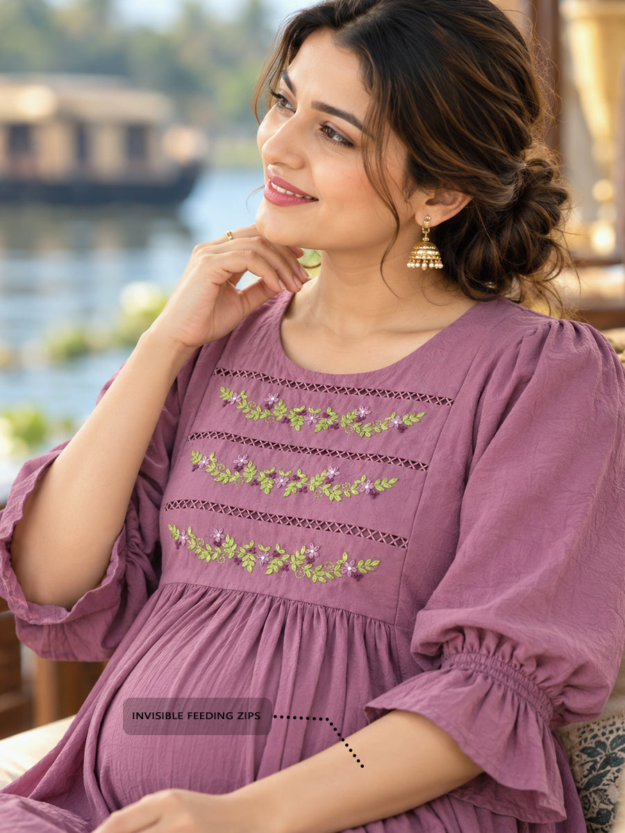 Ziva Premium Crinkle Viscose Maternity & Feeding Occasion Dress with Hand-Embroidered Yoke & Adjustable Puff Sleeves | Dusty Lavender