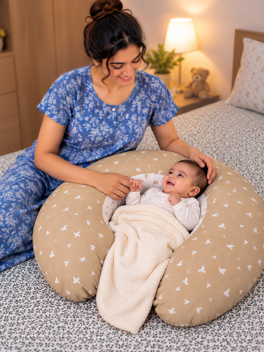 Ziva Multipurpose Feeding Pillow – Warm Beige & White with Reversible Bird Print | 100% Cotton Cover | Removable & Washable