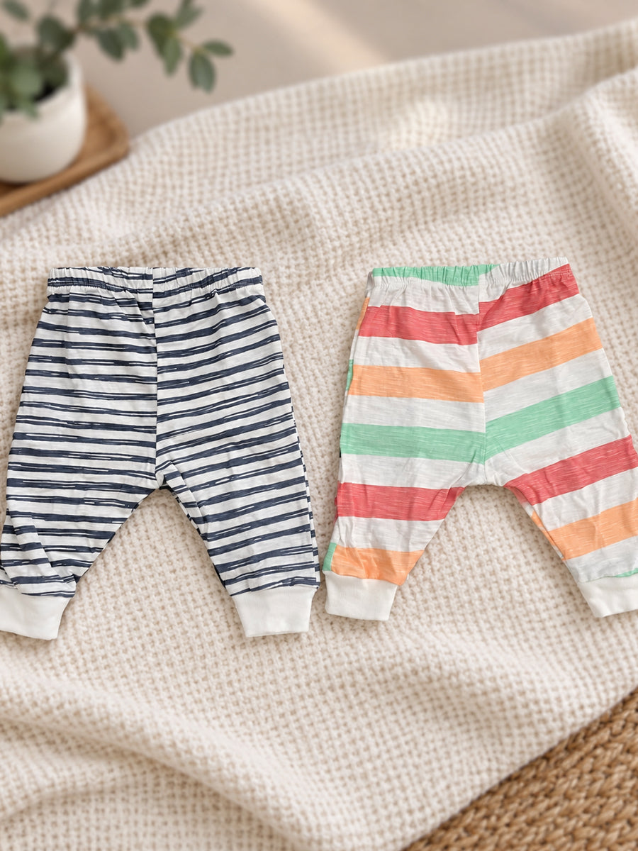 Ziva Baby Premium Knitted Cotton Pants Combo – Pack of 2 | Navy Stripe & Multicolour Stripe