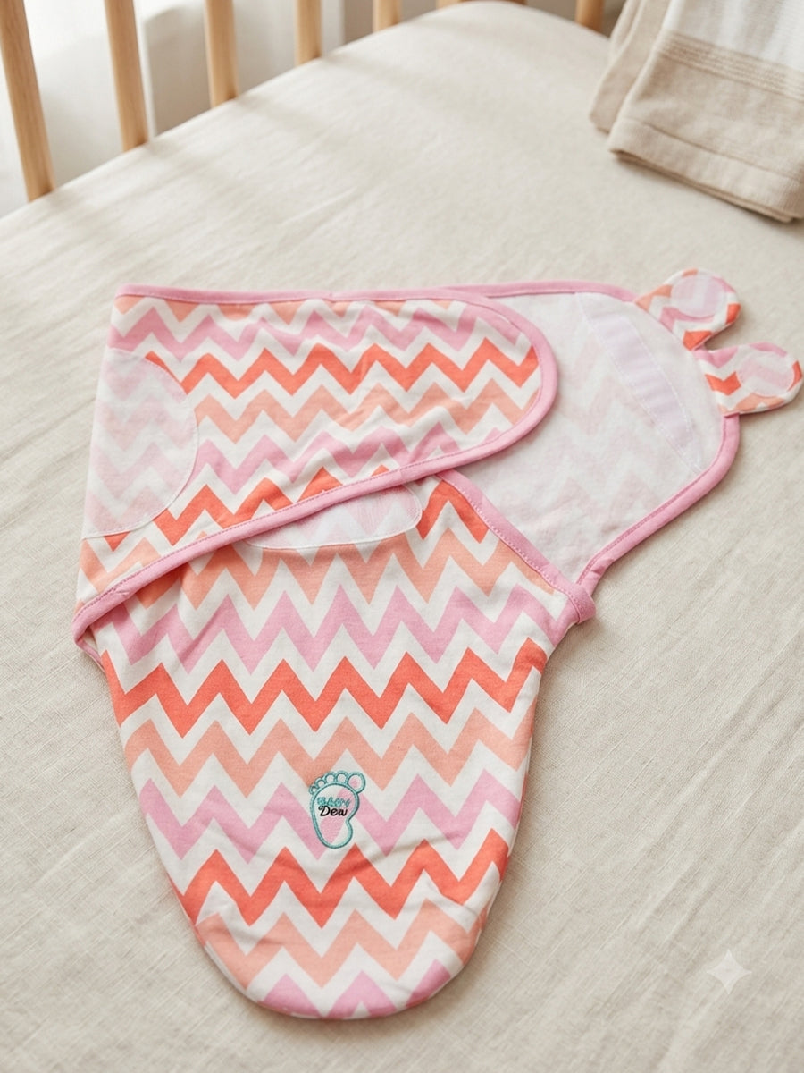 Baby Knitted Cotton Velcro Swaddle – White with Pink, Coral & Peach Zigzag Print | Adjustable Velcro Closure | Ziva Collected | Carefully Selected for Your Little One