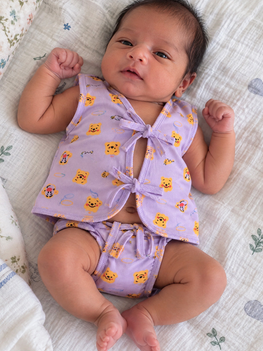 Ziva Newborn Knitted Cotton Front Open Tie Jabla with Light Padded Tie Nappy – Light Lilac Bear Print | 1 Jabla + 1 Nappy