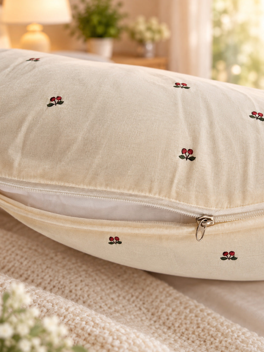 Ziva Multipurpose Feeding Pillow – Premium Organic Cotton | Soft Cream with Tiny Cherry Print | Removable & Washable Cover