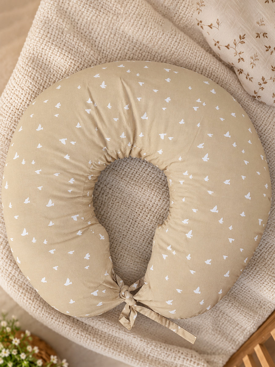 Ziva Multipurpose Feeding Pillow – Warm Beige with White Bird Print | 100% Cotton Cover | Removable & Washable