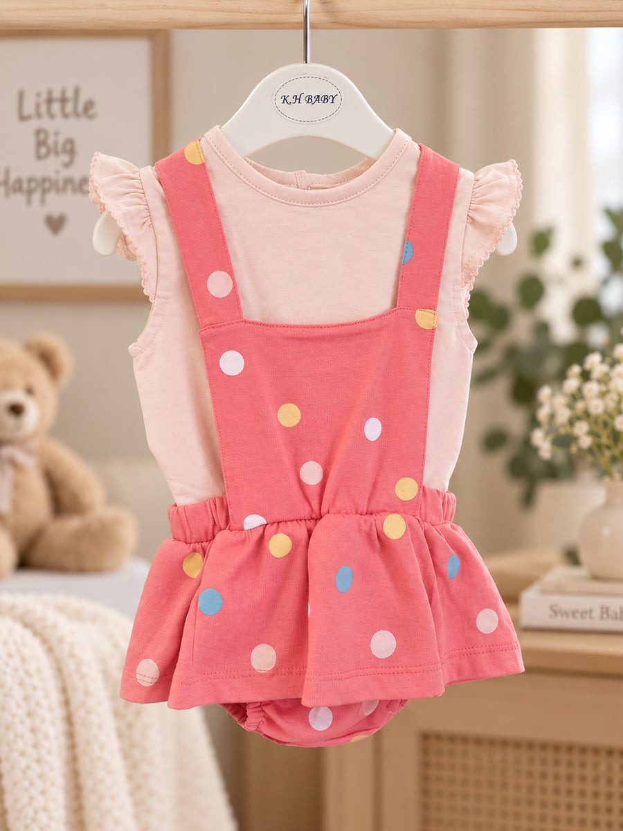 Baby Knitted Cotton Pinafore Romper Set – Coral Multicolour Polka Dot | Inner Top & Hairband | Newborn to 9–12 Months